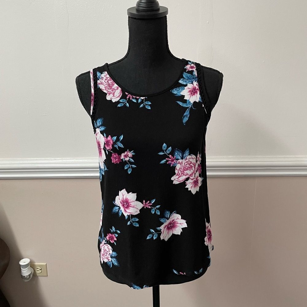 Pink Rose Black Floral Tank Top